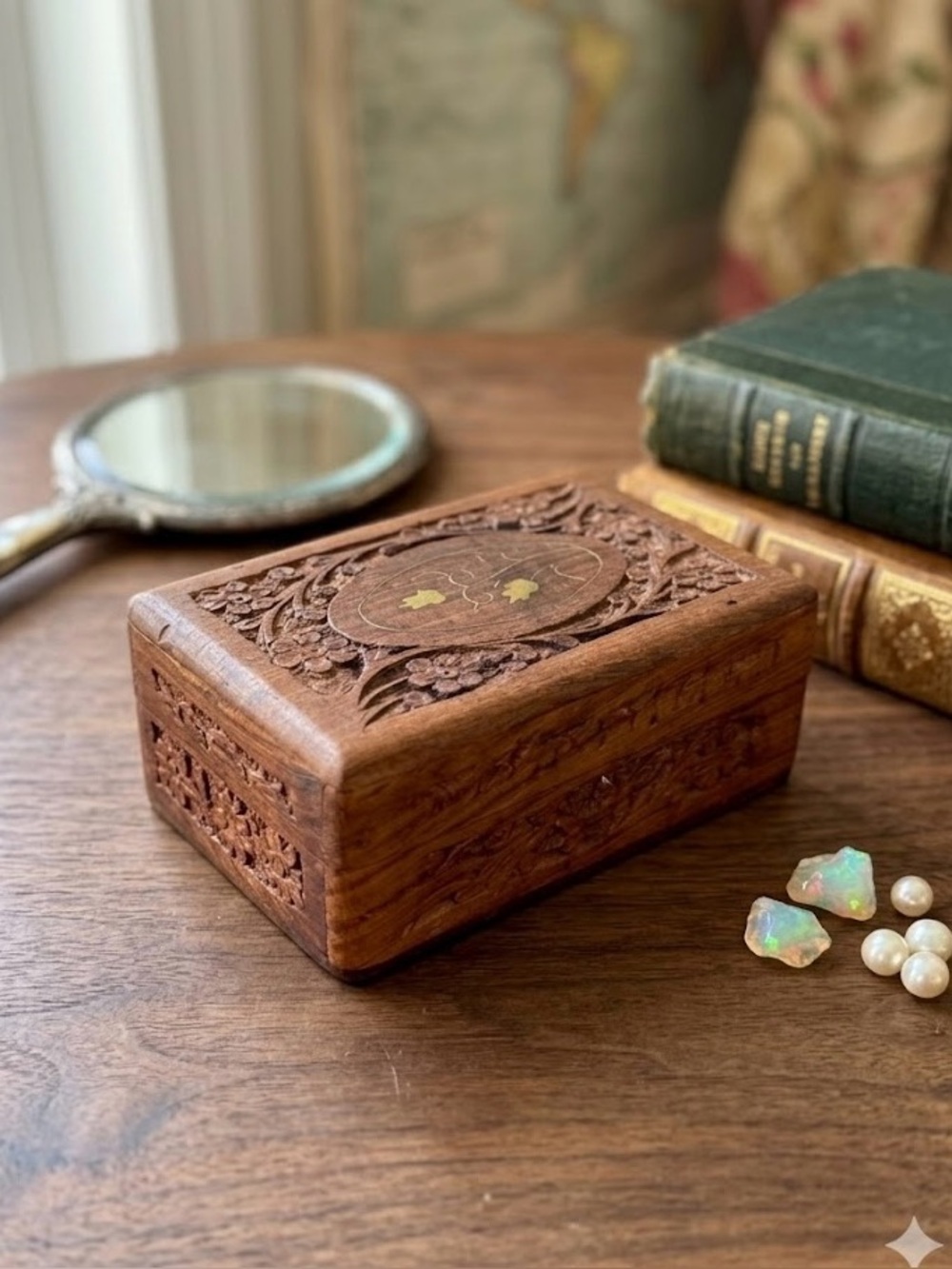 Vintage Carved Wood & Brass Inlay Floral Jewelry Trinket Box